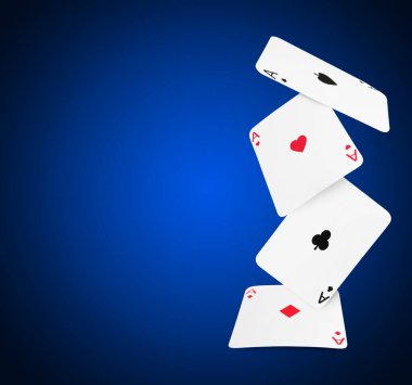 Mavi gradyan arka planda havada dört as, metin için boşluk. Poker ve diğer kart oyunları