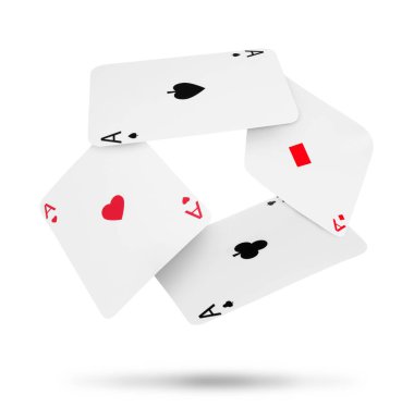 Beyaz arka planda havada dört as. Poker ve diğer kart oyunları