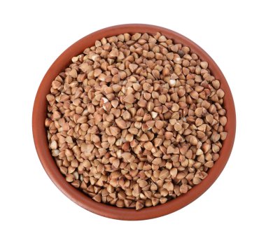 Kabın içindeki çiğ karabuğday beyazda izole edilmiş, üst manzara