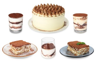 Yummy tiramisu desserts in different variations on white background, set clipart