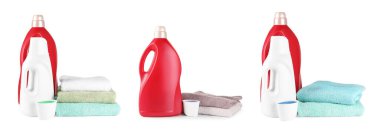 Çamaşır deterjanı, yumuşatıcı ve beyaz arka planda havlular, set