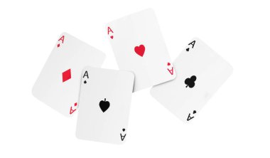 Beyaz arka planda havada dört as. Poker ve diğer kart oyunları