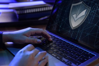 Siber güvenlik. Masada dizüstü bilgisayar kullanan bir kadın, yakın plan.