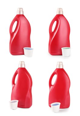 Çamaşır deterjanı ve yumuşatıcı beyaza izole edilmiş şişeler, set