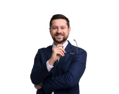 Beyaz arka planda gözlüklü bir bankacının portresi