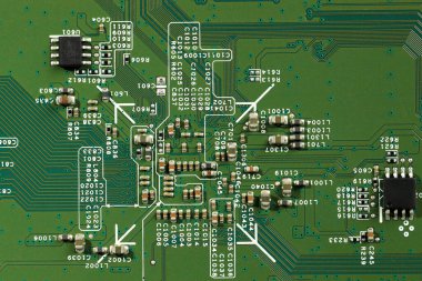 Arka plan olarak elektronik devre kartı, üst görünüm