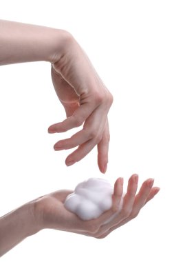 Woman with bath foam on white background, closeup