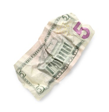 Bir buruşuk dolar banknot beyaz, üst görünümde izole