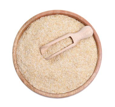 Yulaf kepçesi kasede ve kepçe beyaz, üst manzara izole