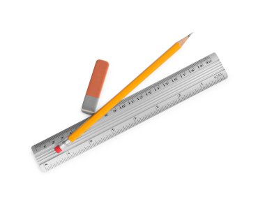Cetvel, kalem ve silgi beyaz, üst görünümde izole