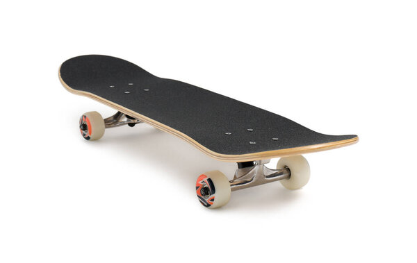 One modern skateboard with black griptape isolated on white