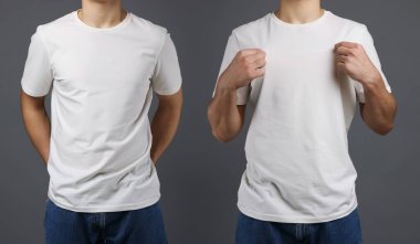 Beyaz tişörtlü adam, yakın plan. Gri arkaplanda fotoğraf kolajı. Tasarım için model
