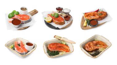 Beyaz arka planda farklı türde kırmızı balık terbiyesi ve somon bifteği.