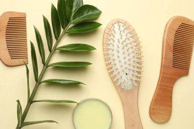 Tahta saç fırçası, tarak, balmumu ve yeşil dal bej arka planda, düz uzanma