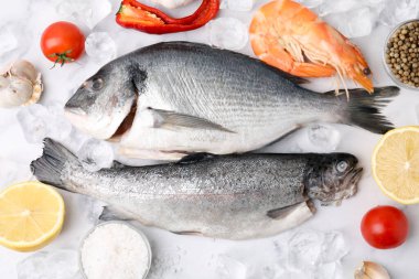 Taze çiğ deniz ürünleri, buz küpleri ve beyaz mermer masa üzerindeki ürünler.