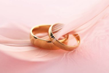 Güzel altın alyanslar ve pembe arka planda tüy, yakın plan.