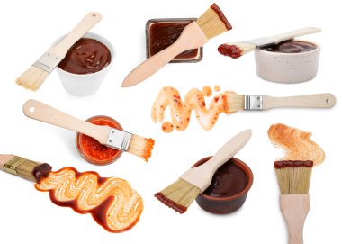 Terbiye ve terbiye fırçaları beyaz kolajda izole edilmiş.