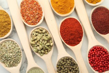 Farklı aromatik baharatlar beyaz mermer masa üzerinde kaşıklar, düz yatıyordu
