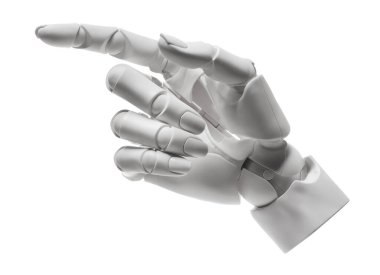 Yapay zeka. Robot el beyaz arkaplanda bir şeye işaret ediyor