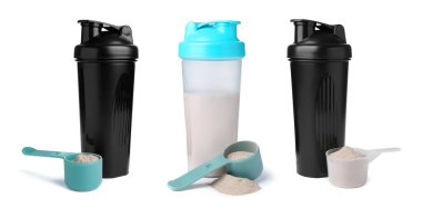 Protein tozu, titreticiler ve beyaz arkaplanda ölçüm kepçeleri, set