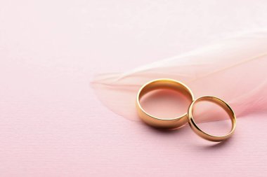 Pembe arka planda güzel altın alyanslar ve tüy, yakın plan. Metin için boşluk
