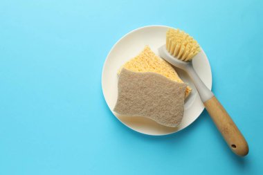 Süngerler, açık mavi arka planda tabak ve fırça, üst manzara. Metin için boşluk