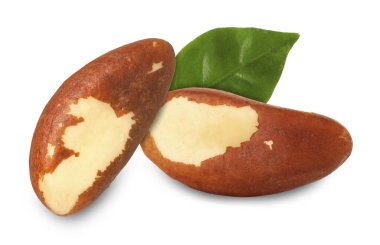 Brezilya cevizleri ve yeşil yaprak beyaz üzerine izole