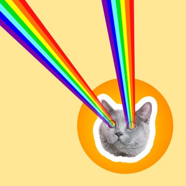 Cat shooting with rainbow lasers from eyes on beige background. Stylish poster clipart