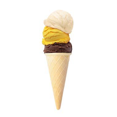Beyaz arka planda waffle külahında dondurma kepçeleri. Çikolata, vanilya ve mango aromalı.