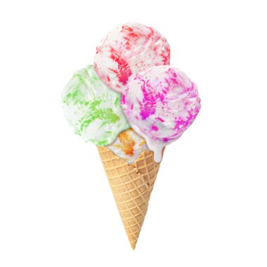 Beyaz arka planda waffle külahında dondurma kepçeleri. Çilek, ahududu, mango ve kivi aromalı.