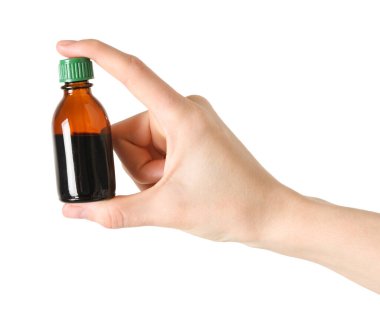 Woman with bottle of topical iodine on white background, closeup clipart