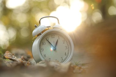 Sonbahar geldi. Alarm saati ve düşen yapraklar parkta, yakın plan