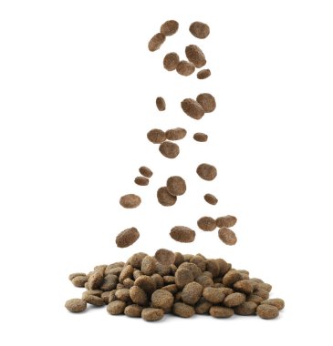 Dry pet food falling onto heap on white background clipart