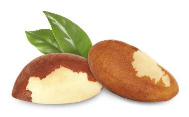 Brezilya fındıkları ve yeşil yaprakları beyaz üzerine izole