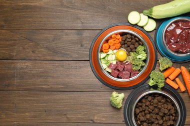 Kuru hayvan mamaları ve doğal ürünler ahşap masada, üst manzara. Metin için boşluk