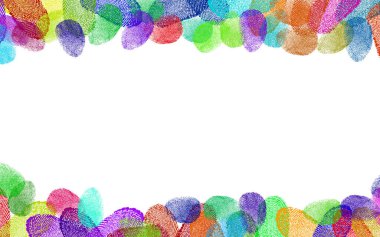 Beyaz arka planda farklı renkte parmak izleri. Metin için alanı olan çerçeve