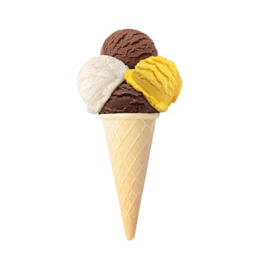 Beyaz arka planda waffle külahında dondurma kepçeleri. Çikolata, vanilya ve mango aromalı.