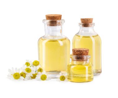 Beyaz üzerine izole edilmiş gerekli yağ ve papatya çiçekleri şişeleri
