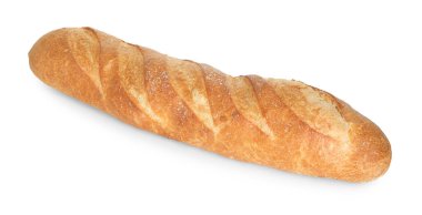 Bir tane taze pişmiş baget, beyaza izole edilmiş.