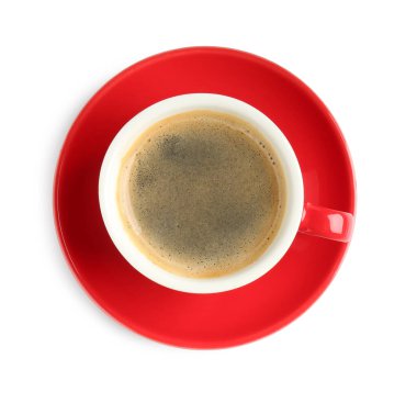 Beyaz üzerine izole edilmiş kahve bardağı, üst manzara.