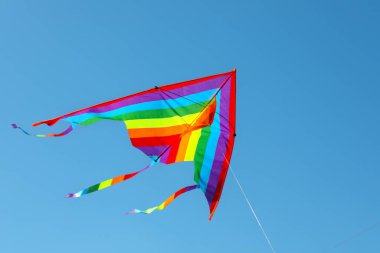 Mavi gökyüzünde uçan renkli bir uçurtma