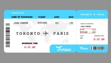 Airline ticket. Boarding pass with information on grey background clipart