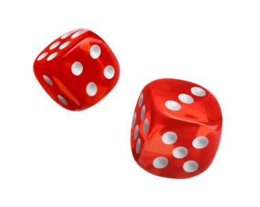 Beyaz zemin üzerinde havada iki kırmızı zar