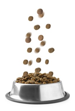 Dry pet food falling into bowl on white background clipart