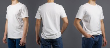 Beyaz tişörtlü adam, yakın plan. Gri arkaplanda fotoğraf kolajı. Tasarım için model
