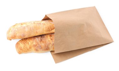 Kağıt torba taze baget, beyaz, üst manzara izole