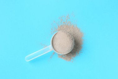 Protein tozu ve açık mavi arka planda kepçe, üst görünüm