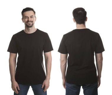 Koyu kahverengi tişörtlü adam. Beyaz arka planda fotoğrafların kolajı. Tasarım için model