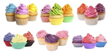 Kremalı kekler, beyaza izole edilmiş kolaj.