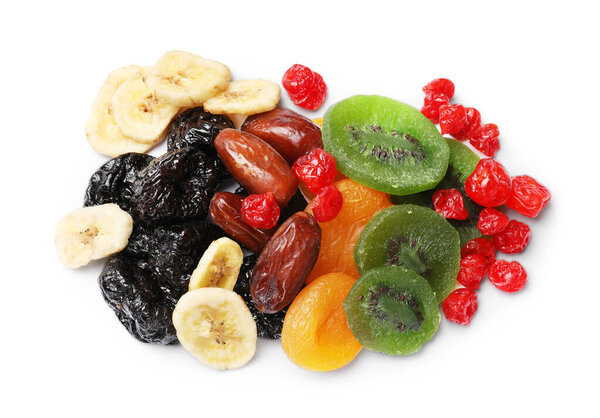 Mix of different dried fruits isolated on white, top view